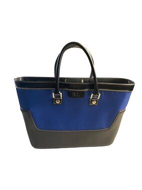 Ralph Lauren Women's Blue & Black Nylon Faux Leather Tote Bag RL Logo snap close